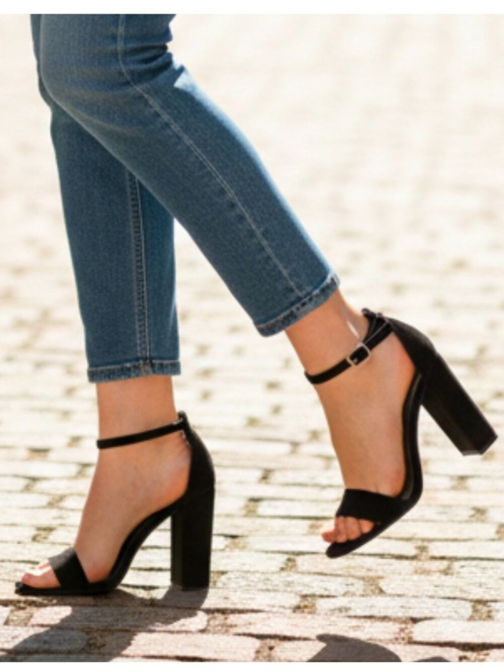 Womens Black Suede Block Heel Sandals With Adjustable Ankle Strap
